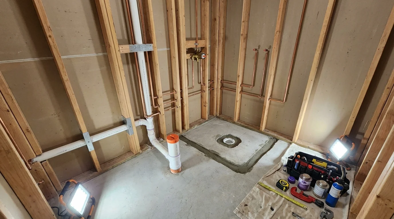 Bathroom rough-in plumbing during remodel by Johns Plumbing LLC in Williamson