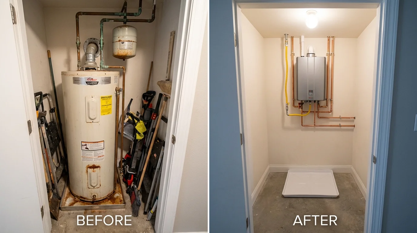 Tank water heater versus wall-mounted tankless unit comparison for Williamson, NY homeowners
