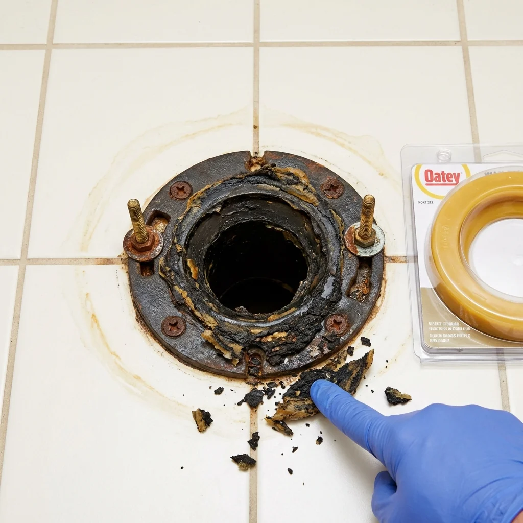 Failed wax ring showing water seepage at the base of a toilet in a Williamson, NY home