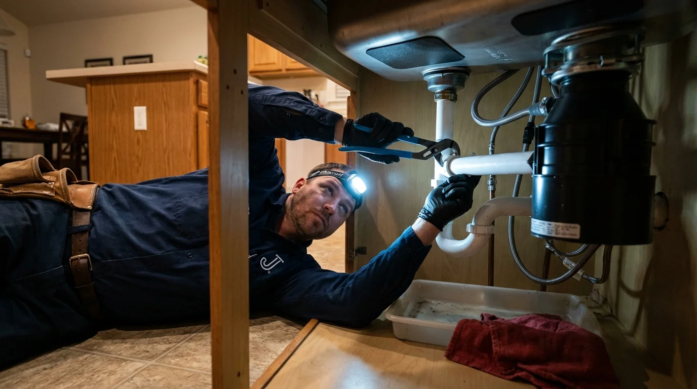P-trap and supply line connections under a kitchen sink showing a common leak point in Williamson, NY